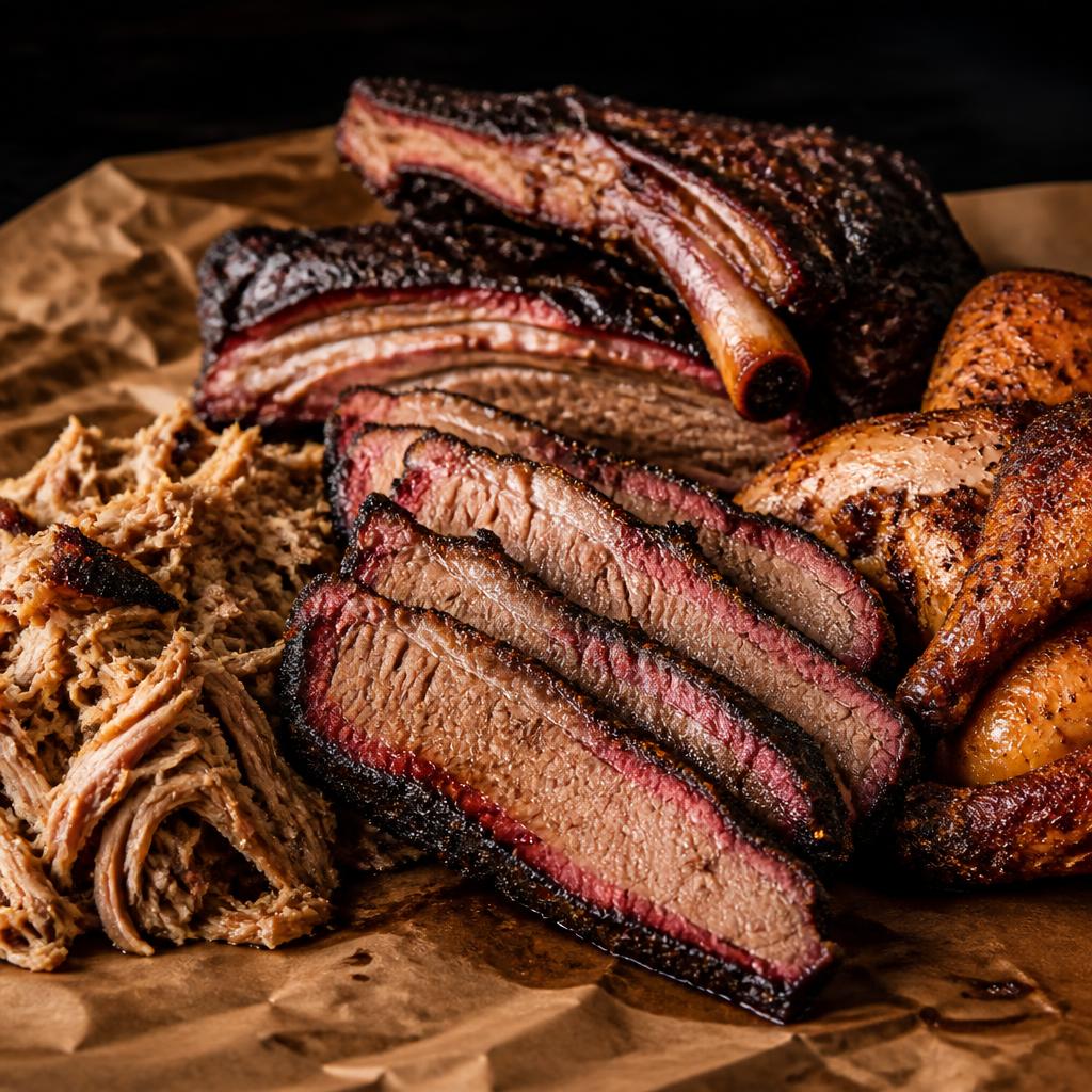 Sliced smoked brisket, pulled pork, ribs, and smoked chicken on butcher paper