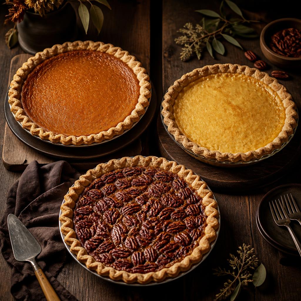 Sweet potato, buttermilk, and pecan pies on rustic dark wood