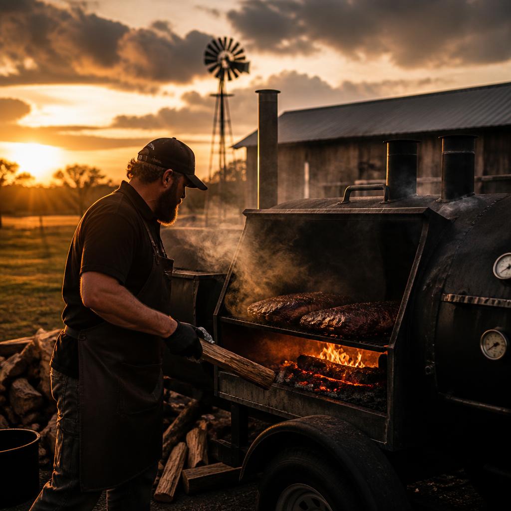 Pitmaster tending the offset smoker at Shindig Farms as the sun sets